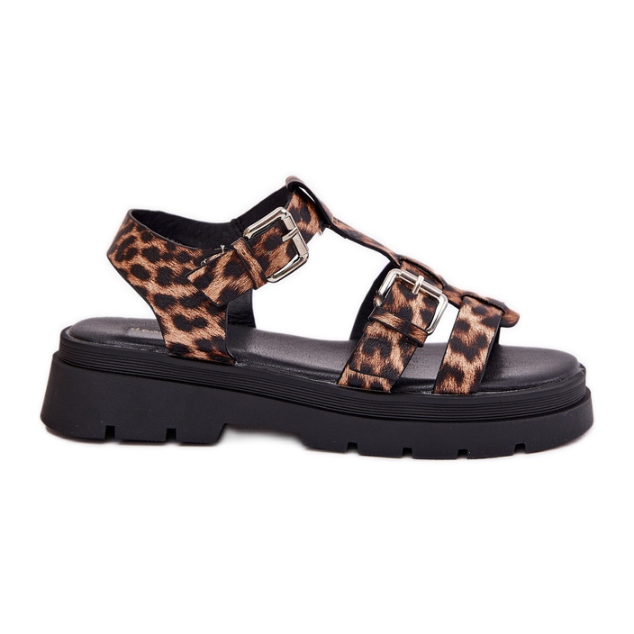 Sandale din piele Eco pentru femei cu cleme din cataramă leopard bej Sandale din piele Eco pentru femei cu cleme din cataramă leopard bej
