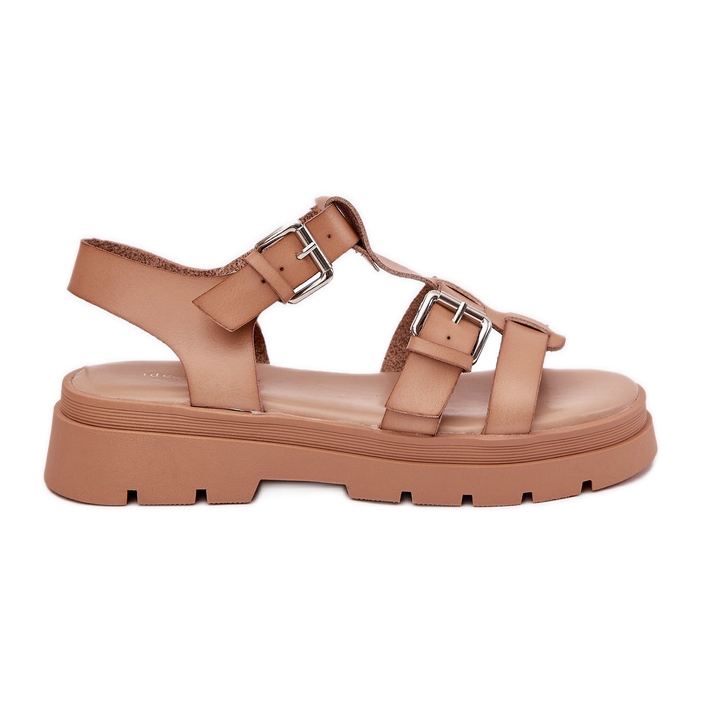 Sandale din piele Eco pentru femei cu catarame kaki bej