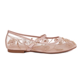 Balerine de plasă cu broderie și decorare bej