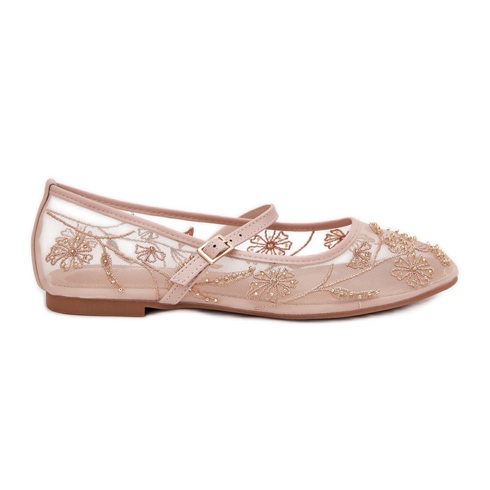 Balerine de plasă cu broderie și decorare bej