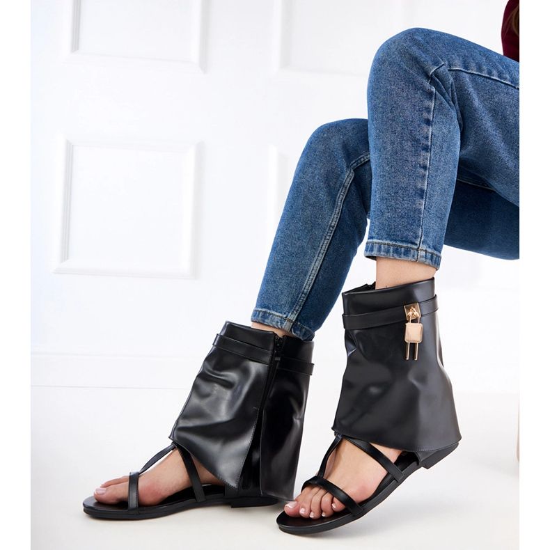 Sandale plate negre cu partea superioară negru Sandale plate negre cu partea superioară negru