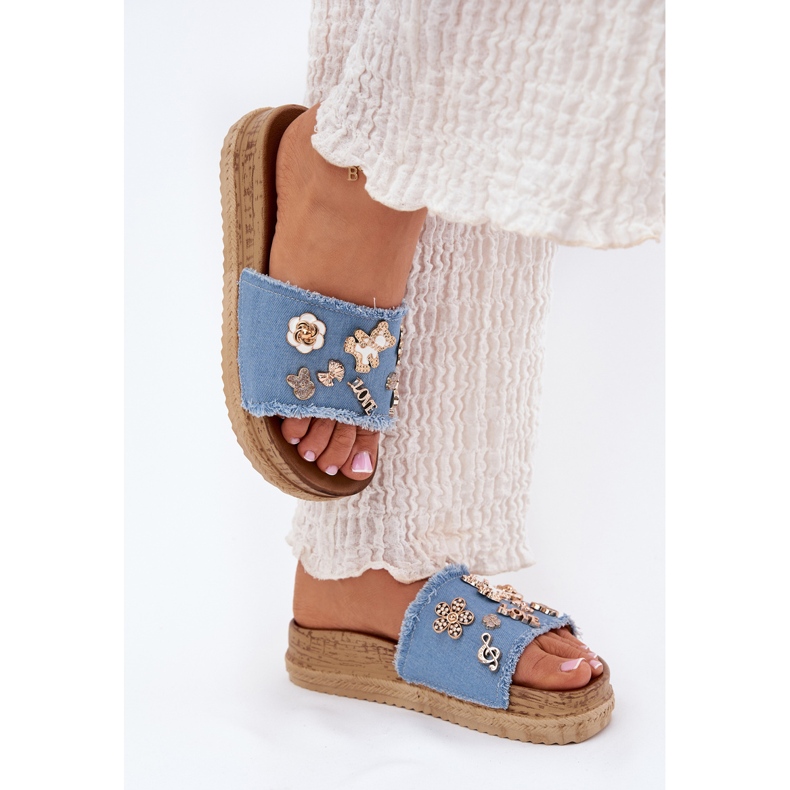Papuci pentru femei cu ace de aur pe platforma albastră albastru