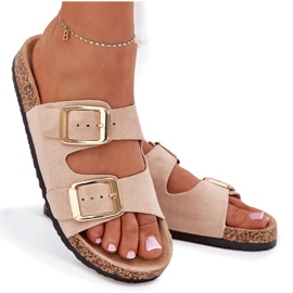 EVento Flip -flops pentru femei cu catarame bej de aur din piele de căprioară Eco EVento Flip -flops pentru femei cu catarame bej de aur din piele de căprioară Eco