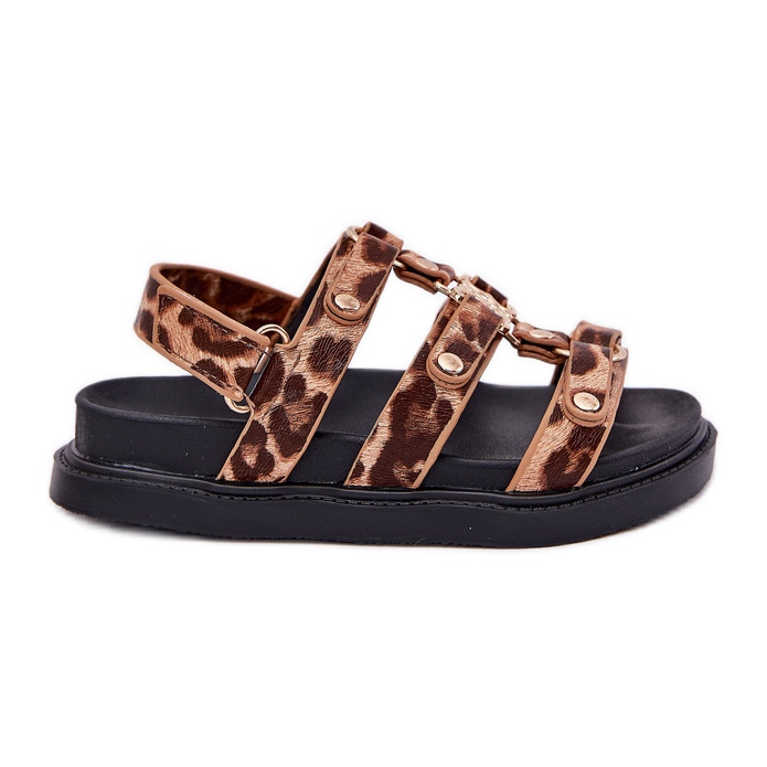 Sandale pentru fete cu leopard cu detaliu de aur maro