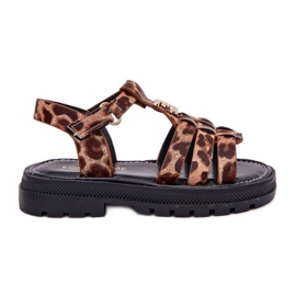 Sandale pentru fete cu un detaliu decorativ de leopard maro