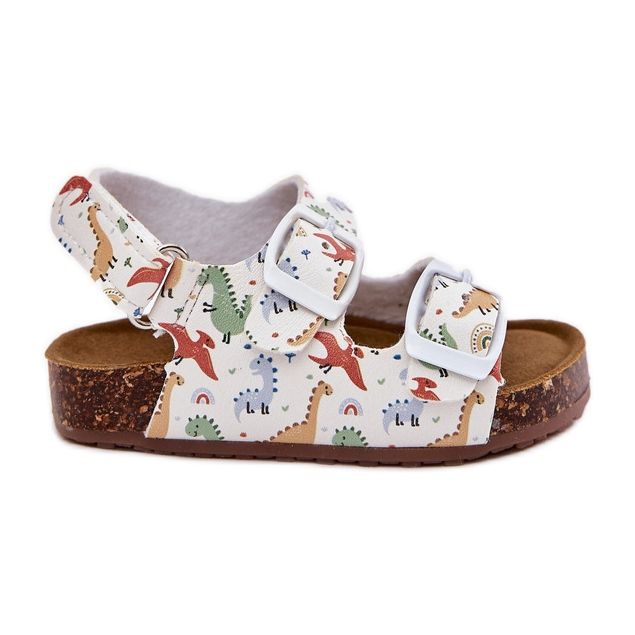 Sandale pentru copii pe o talpă din plută cu catarame dinozauri multicolor alb