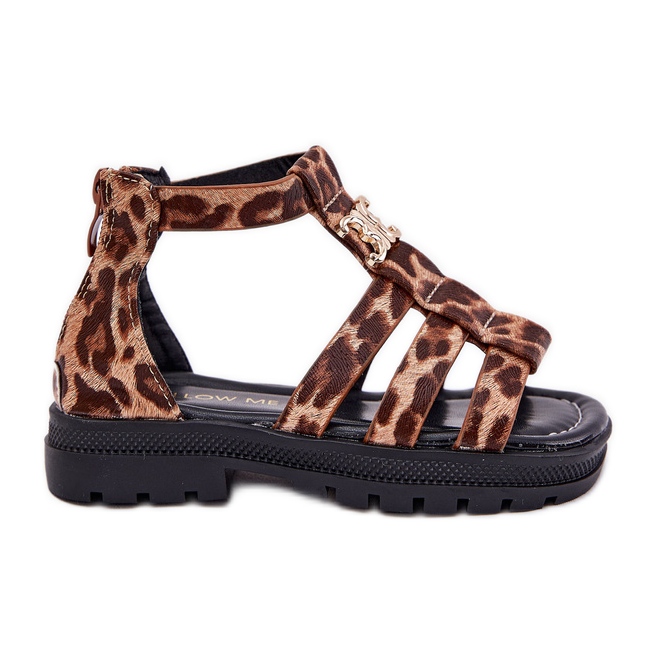 Sandale de gladiator pentru fete cu un leopard de detaliu de aur maro
