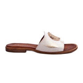 Flip-flops din piele Zazoo 2938, cu toc plat, cu decor auriu, periat alb