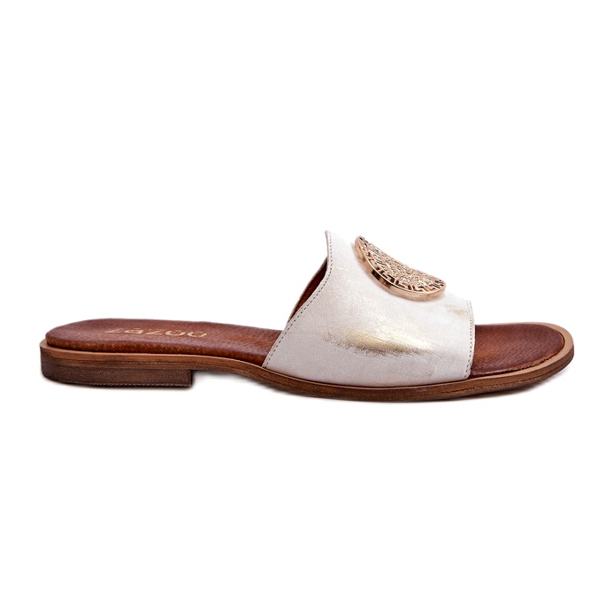 Flip-flops din piele Zazoo 2938, cu toc plat, cu decor auriu, periat alb