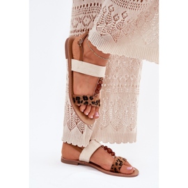 Sandale plate pentru femei cu margele maro leopar imprimeu Sandale plate pentru femei cu margele maro leopar imprimeu