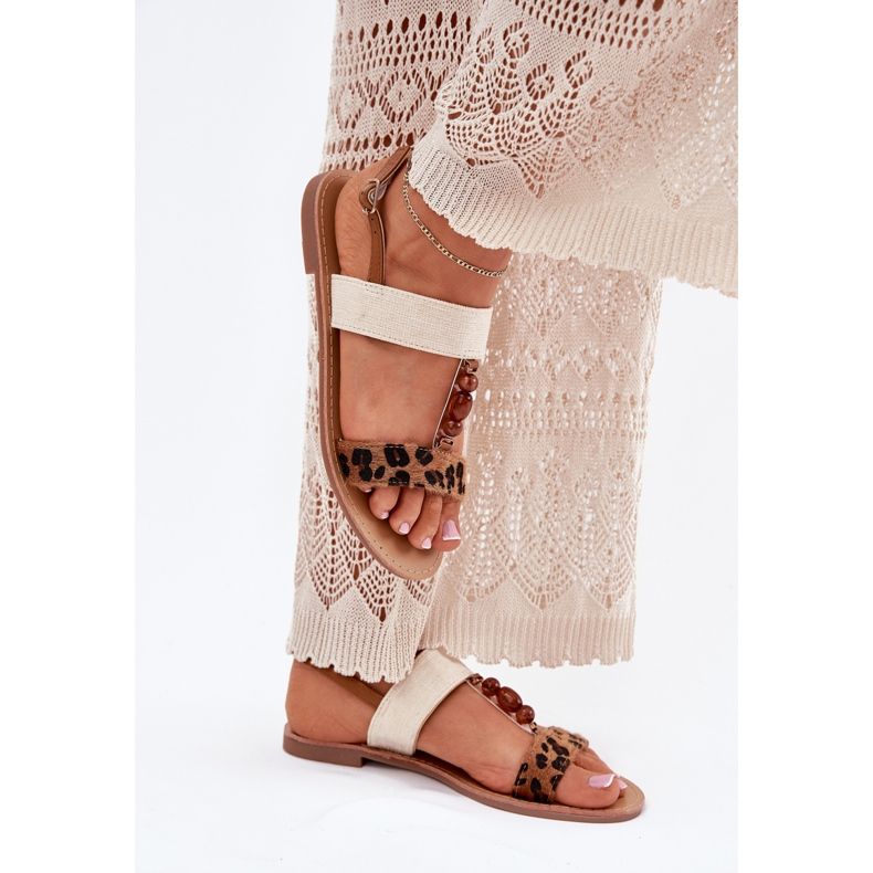Sandale plate pentru femei cu margele maro leopar imprimeu