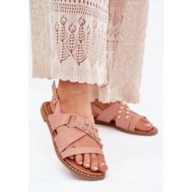 Sandale pentru femei cu lac plat cu știfturi aurii roz Sandale pentru femei cu lac plat cu știfturi aurii roz