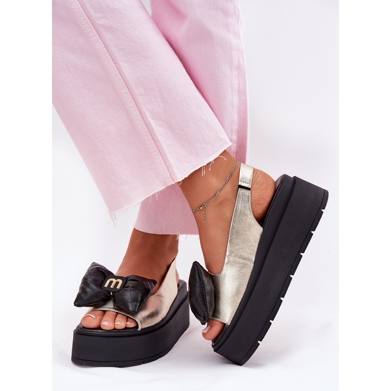 CheBello Sandale din piele pentru femei pe platformă cu Cheello 4641 aur și negru de aur