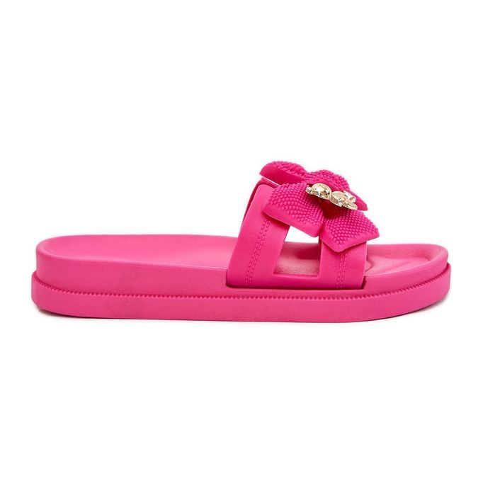 Flip -flops pentru femei cu un arc și o broșă de aur Fuchsia roz
