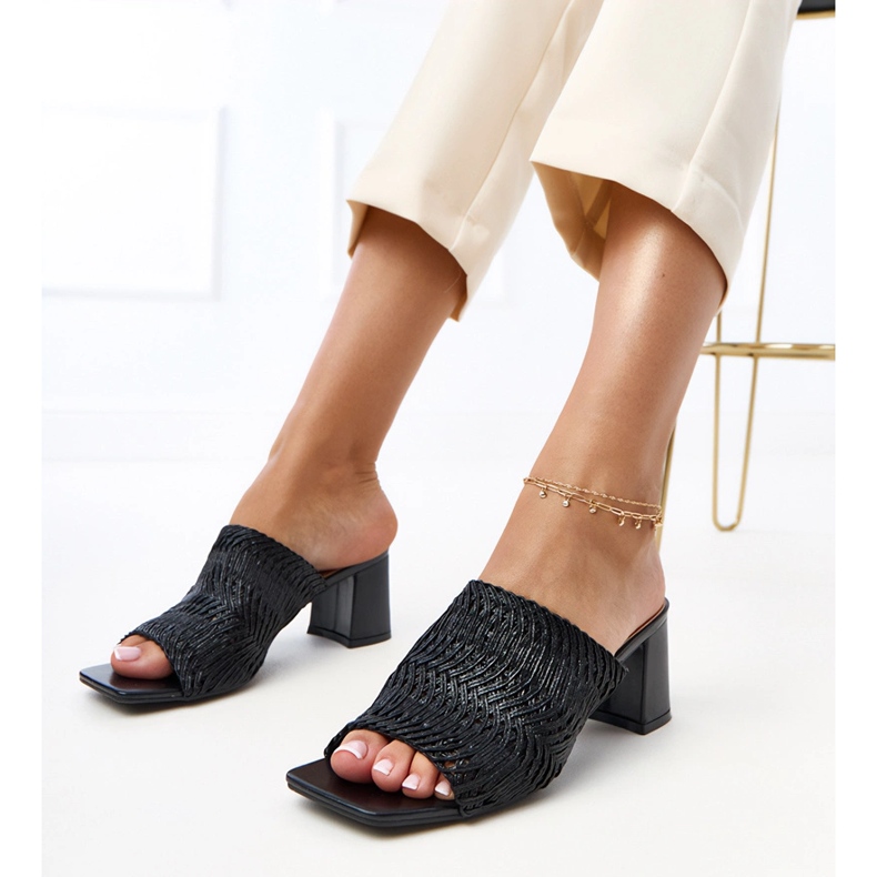 Papuci negri pe postare cu dungi Gamboa împletite negru