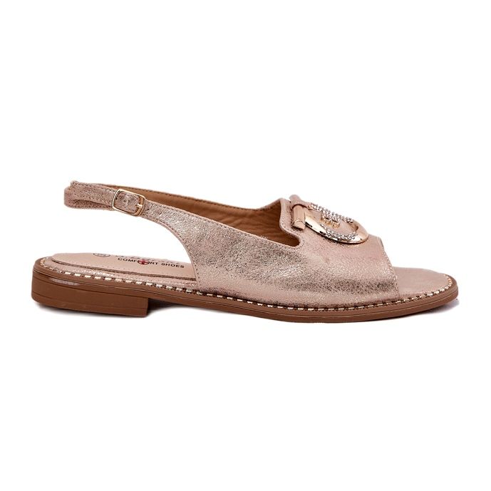 Sandale elegante pentru femei cu decor cu toc plat S.Barski KV51-003 Aur roz de aur Sandale elegante pentru femei cu decor cu toc plat S.Barski KV51-003 Aur roz de aur