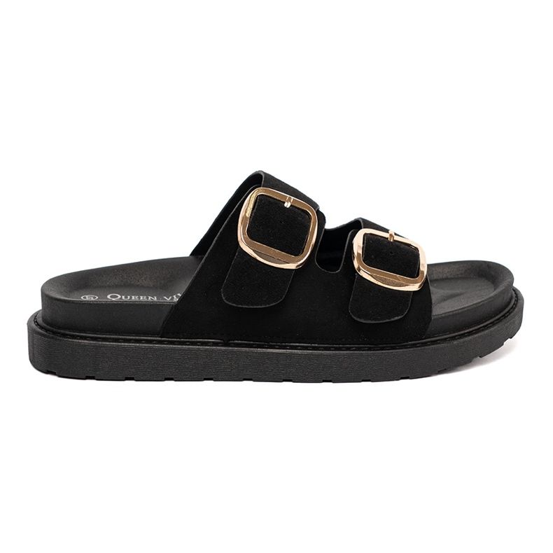 Shelvt Flip -flops -uri negre ale femeilor cu catarame aurii negru