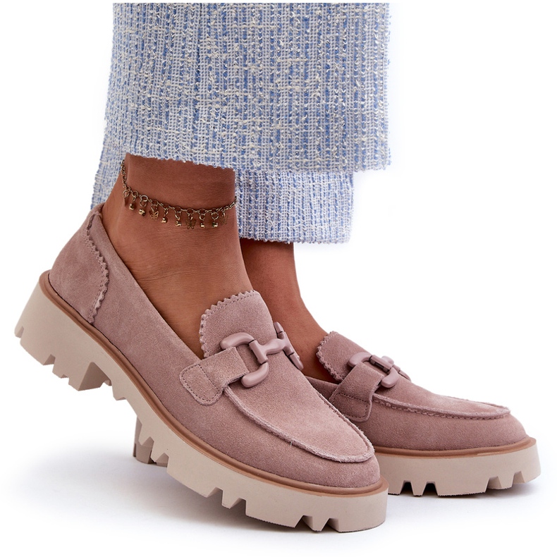 S.Barski Mocasini de dama din piele intoarsa cu decor D&amp;A TW117 roz