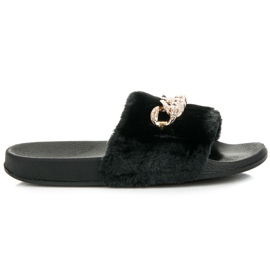 Queen Vivi Papuci negri cu blană negru Queen Vivi Papuci negri cu blană negru