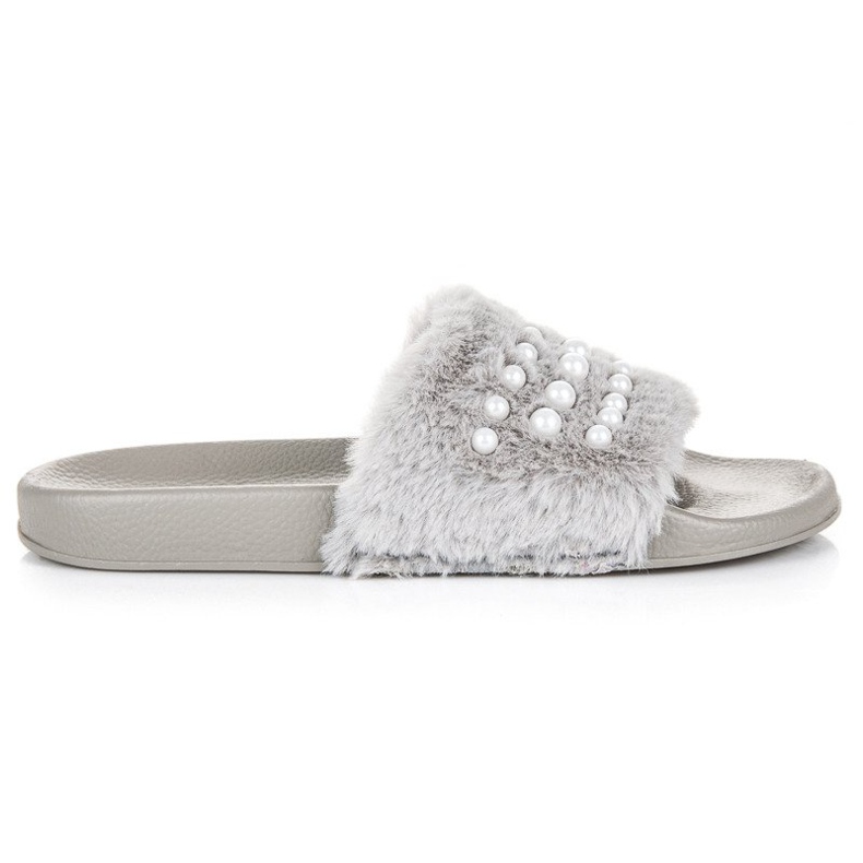 Papuci cu blană și perle gri Papuci cu blană și perle gri