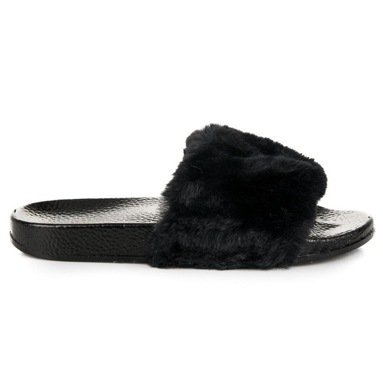 Papuci negri cu blană negru
