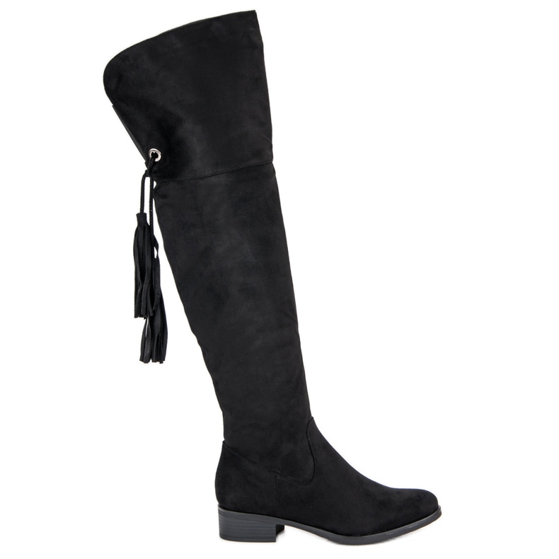 Forever Folie Cizme negre cu coapse înalte, cu toc plat negru