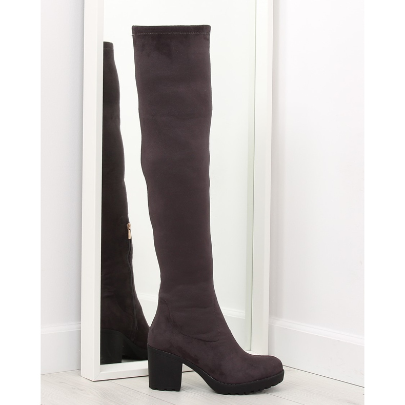 Cizme peste genunchi cu toc lat gri 520