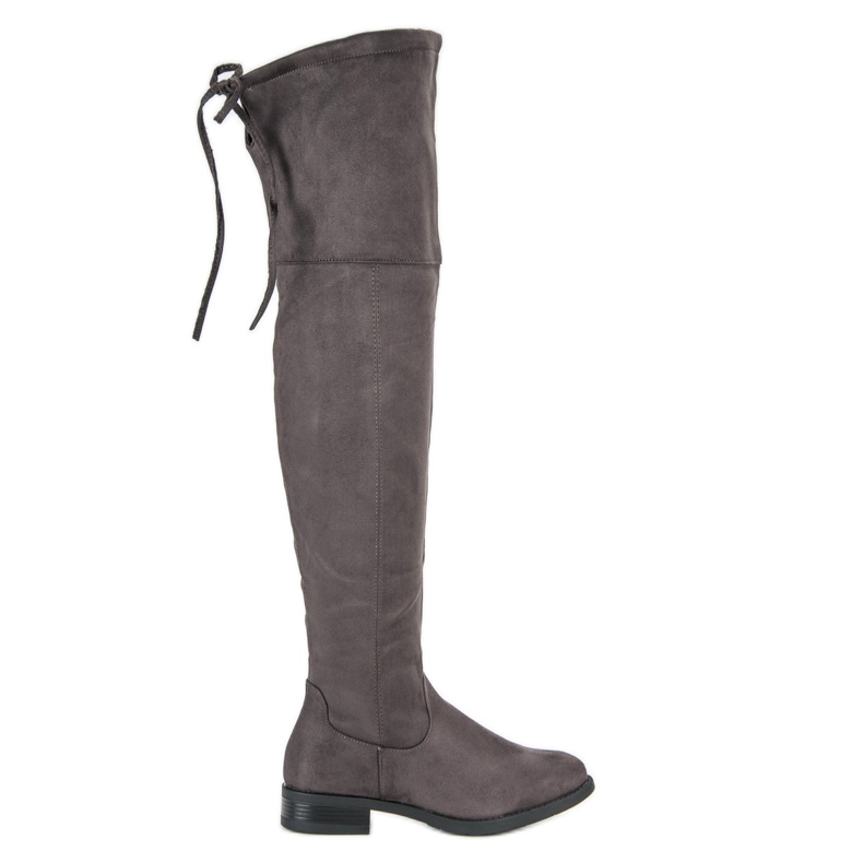 Cizme gri pentru coapse pe toc plat