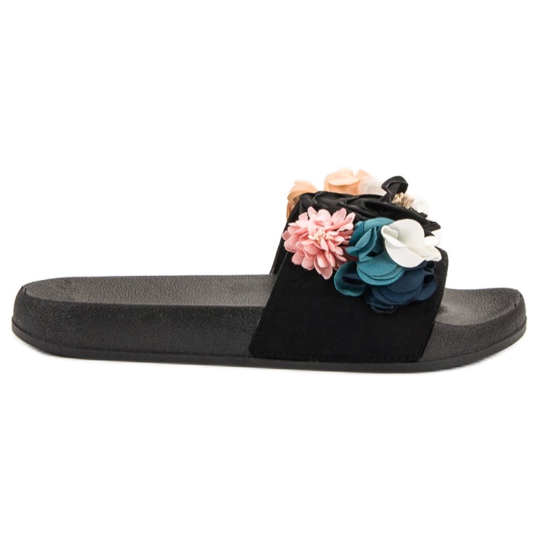 SHELOVET Papuci negri cu flori negru SHELOVET Papuci negri cu flori negru