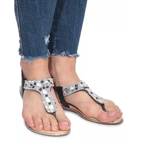 Sandale plate negre cu diamante Larissa negru