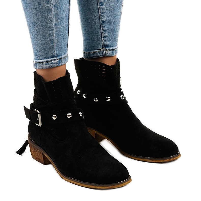 Cizme slip-on ajurate din piele de căprioară neagră LS-730 negru