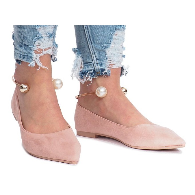 Balerini din blană roz cu perle