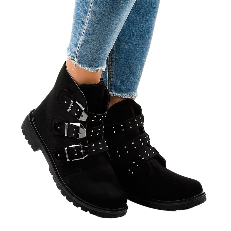 Botine plate din piele de căprioară neagră cu catarame TL95-1 negru Botine plate din piele de căprioară neagră cu catarame TL95-1 negru