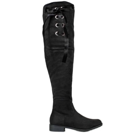 Ideal Shoes Cizme peste genunchi cu panglică negru Ideal Shoes Cizme peste genunchi cu panglică negru
