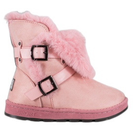 Bona Mukluki din piele de căprioară cu dungi roz