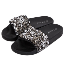 Papuci de damă cu pietre negru CK106P Negru gri