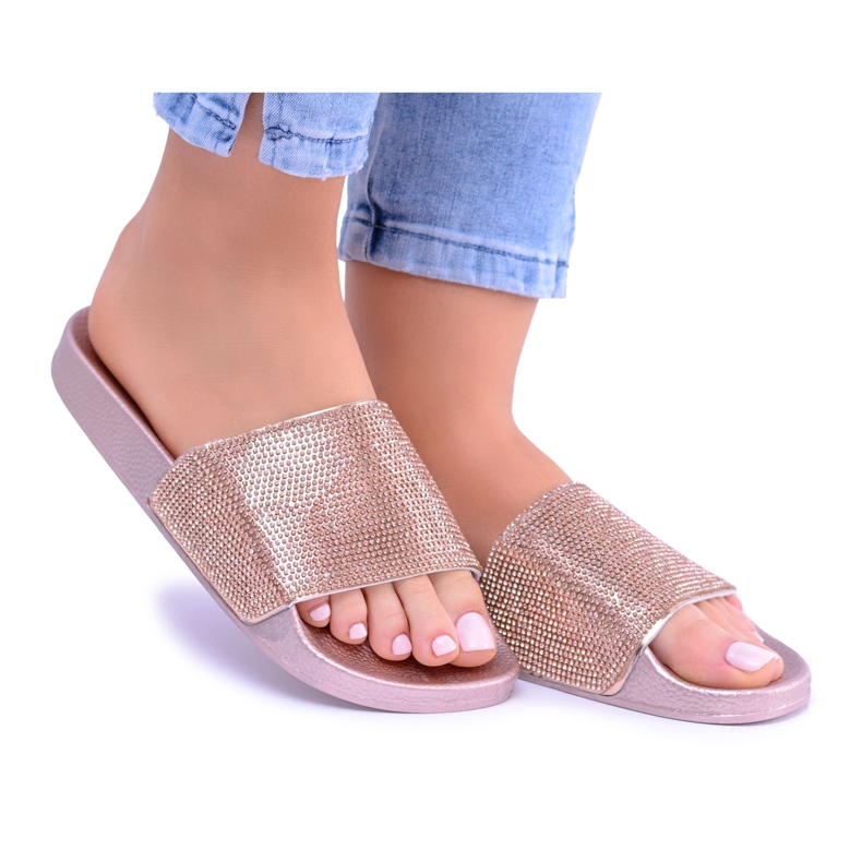 LU BOO Papuci pentru femei cu zirconiu cubic LadyCristal Rose Gold roz galben