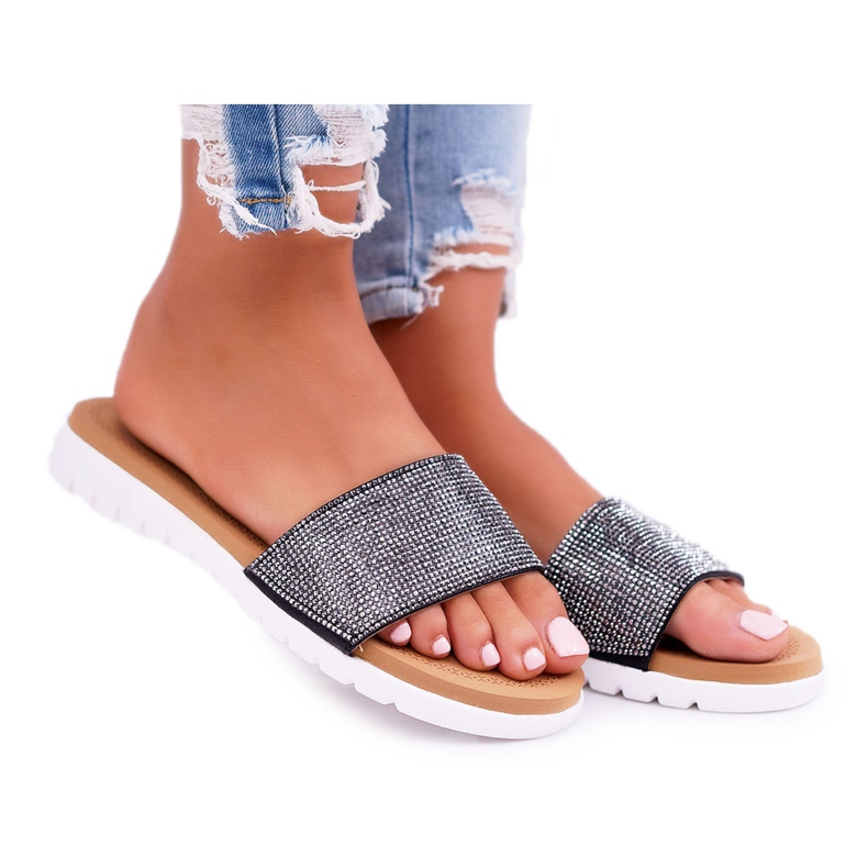 Papuci negri Lu Boo pentru femei, cu paiete negru