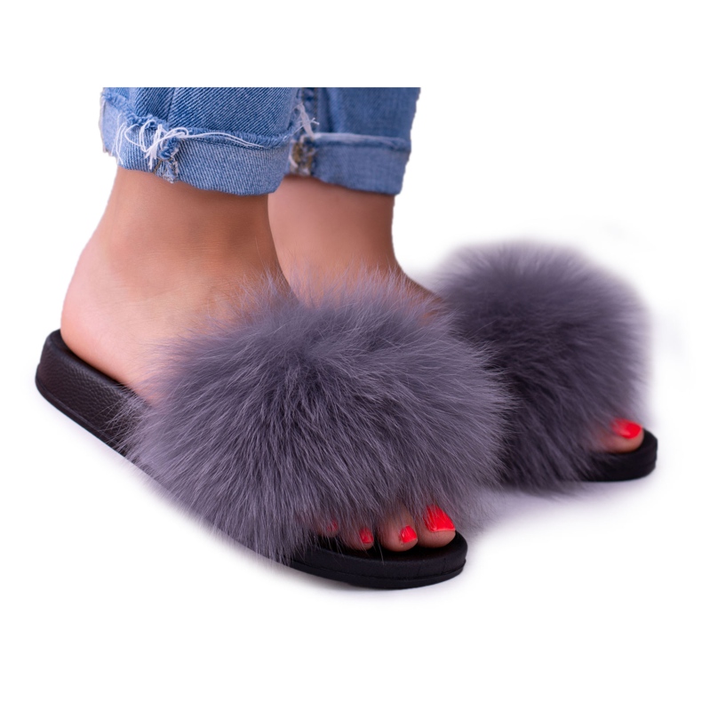 Papuci de damă cu blană naturală Gri Naturis