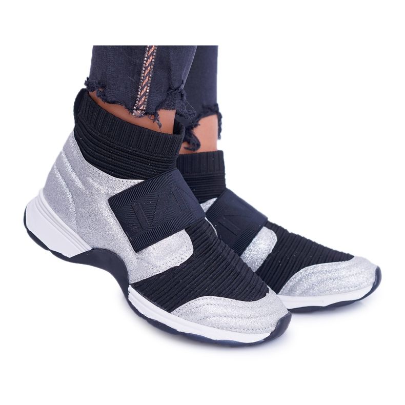 Încălțăminte sport de damă Lu Boo cu șosetă Silver Glitter Phantom negru gri multicolor