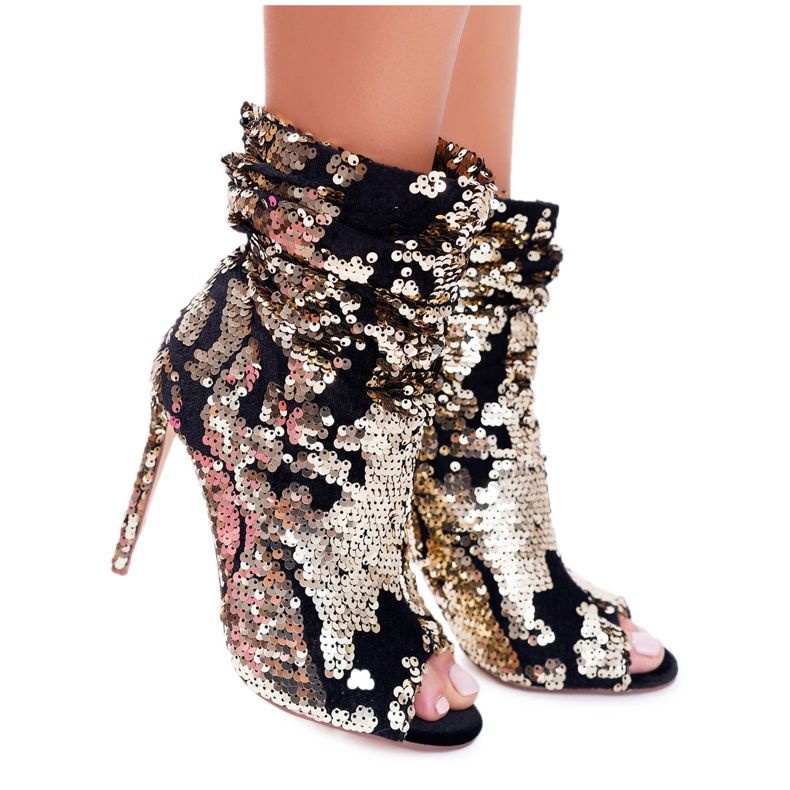 LU BOO Cizme de damă pe toc înalt Paiete elegante Golden Harley negru galben