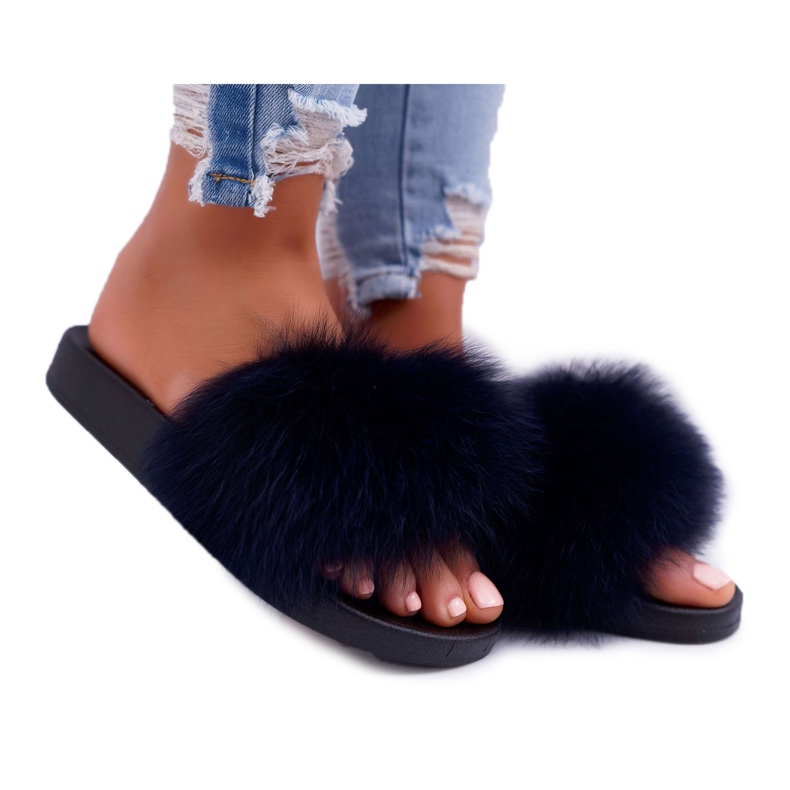 Papuci de dama cu blana naturala Naturis Blue Navy albastru marin