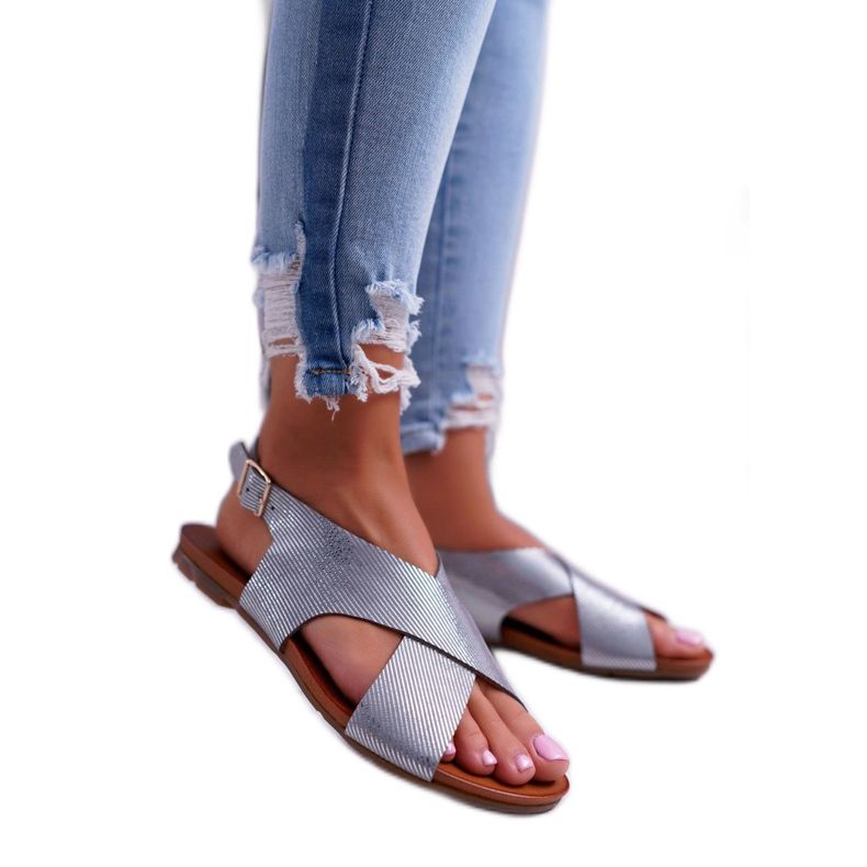 Sandale pentru femei din piele plată Laura Messi Silver 1960 gri