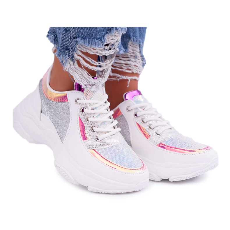 Încălțăminte sport pentru femei Talpă groasă Glitter Alb Ranea gri