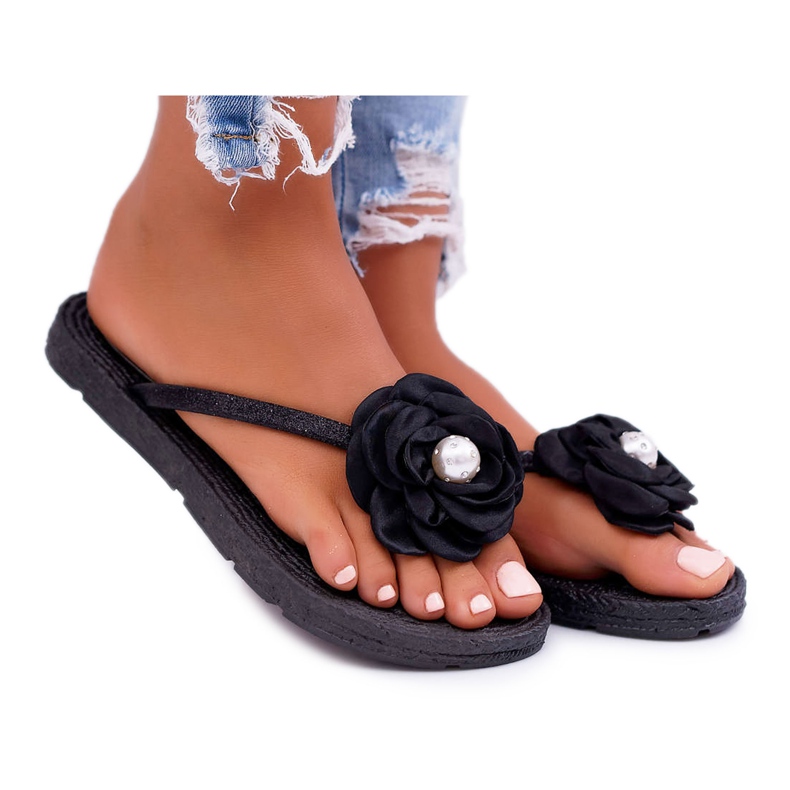 Flip-flops pentru femei Black Flower Glitter Elenda negru