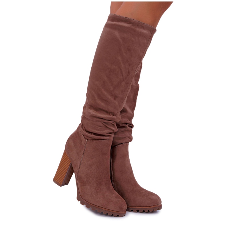 EVE Cizme de damă pe toc de piele întoarsă kaki Marion