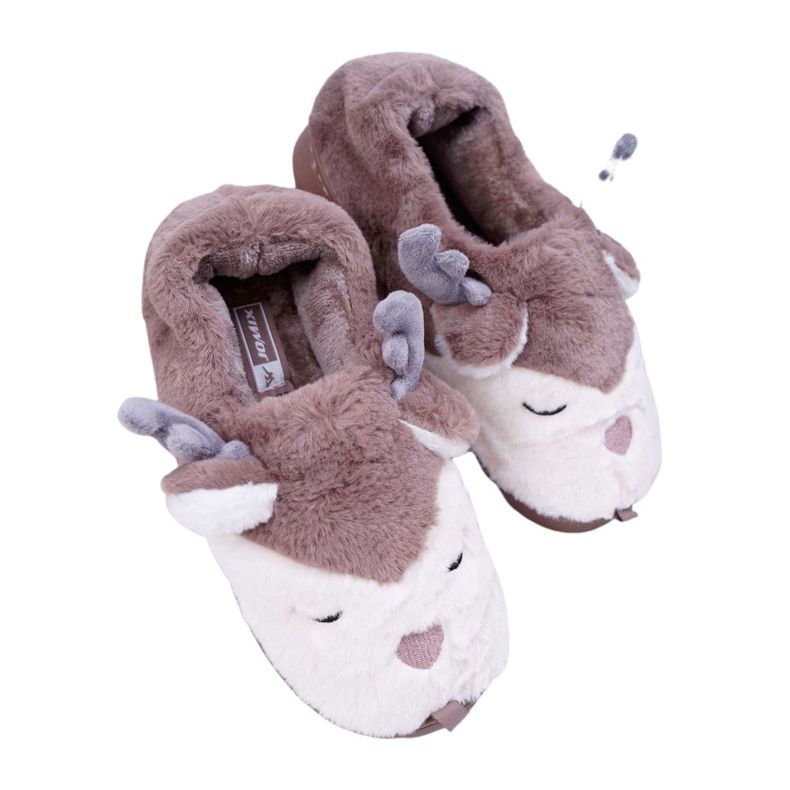 BUGO Papuci pentru femei cu ren maro din blană