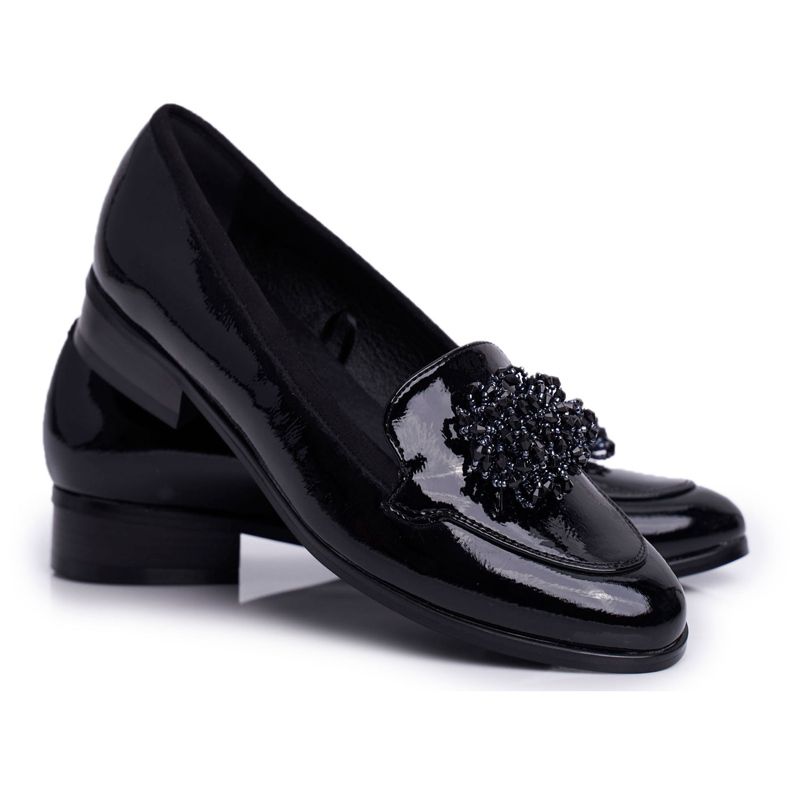 Vinceza Brogues pentru femei, toc plat, lăcuit, negru