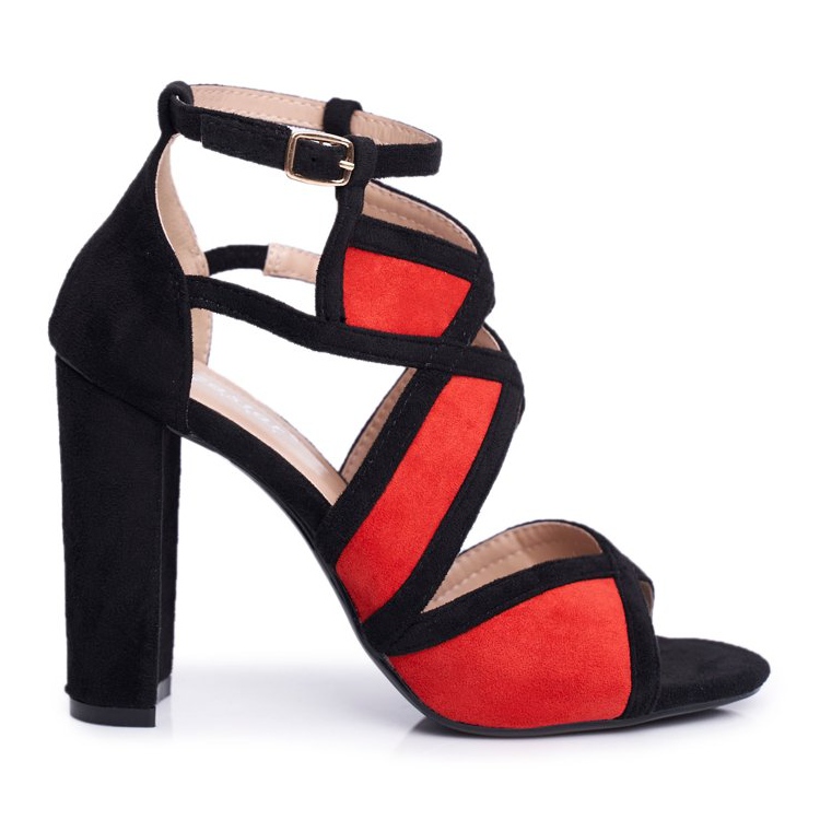 SEA Sandale de damă pe toc din piele de căprioară negru roșu Emolly
