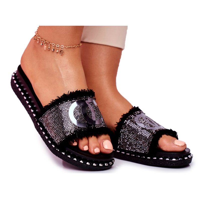 PS1 Papuci de dama Black Valley cu cristale negru